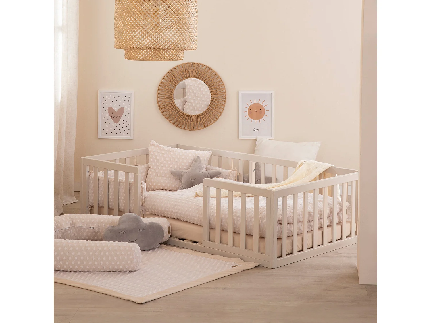 Letto Montessori a Terra 70x140 cm Beige Stone-Washed - Soluzione di Sonno Sicura, Confortevole, Favorisce lo Sviluppo per Bambini