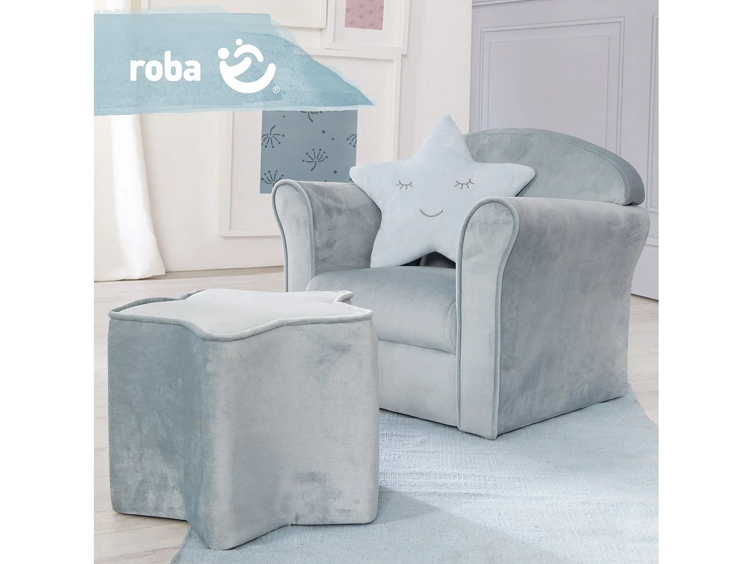 Fauteuil enfant roba avec accoudoirs en bleu ciel - Série Lil Sofa