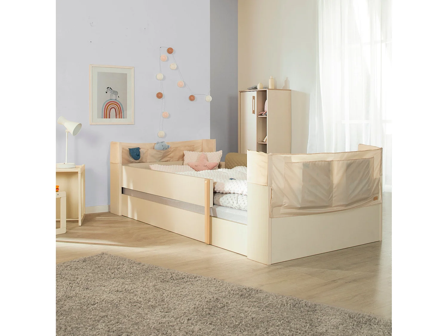 Lit évolutif Flexi Grow avec barrière de protection, couleur Cachemire, 90x200 cm, design Montessori