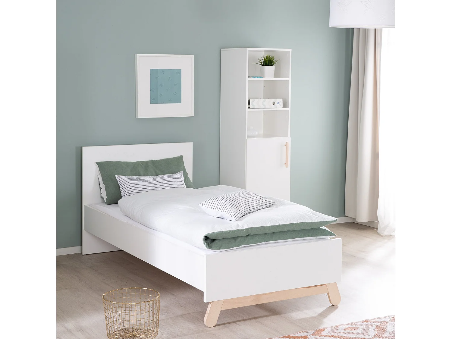 Lit de Jeunesse Moderne Blanc Clara avec Pieds en Hêtre Massif 90x200 cm