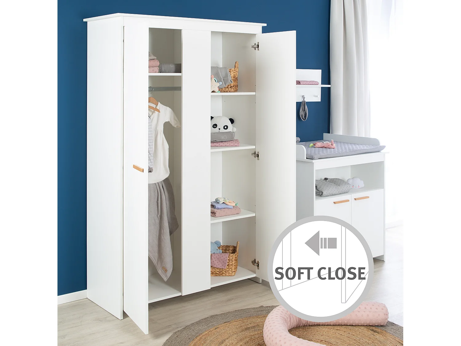 Armario Infantil Blanco Moderno de 2 Puertas Anton con Puertas de Cierre Suave y 5 Estantes