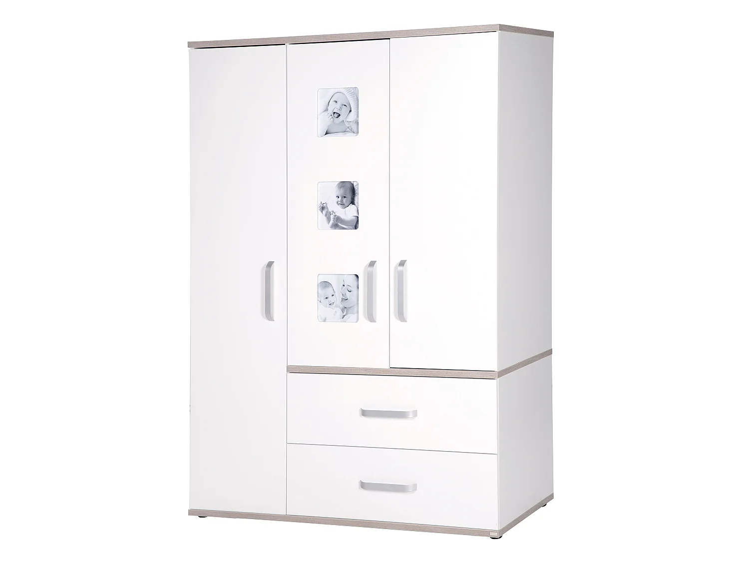 Armario de 3 puertas Roba Moritz en decoración blanca con elementos de Luna Elm - Tecnología Softclose y Marcos de Fotos Integrados