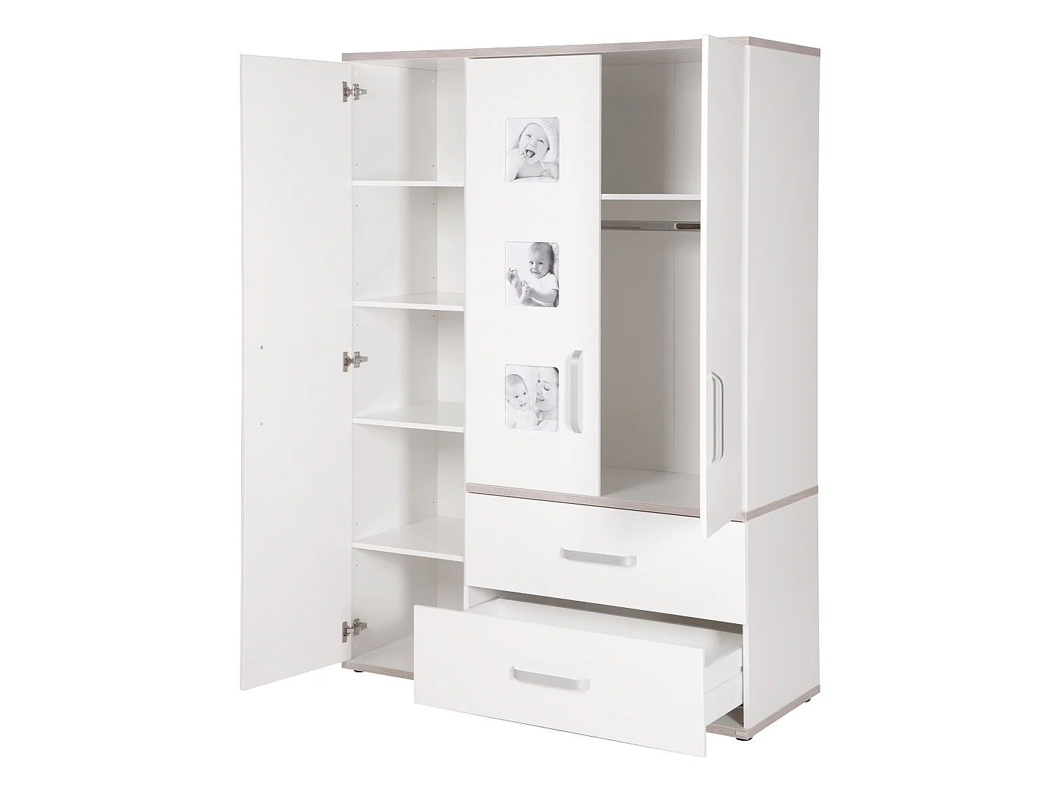 Armario de 3 puertas Roba Moritz en decoración blanca con elementos de Luna Elm - Tecnología Softclose y Marcos de Fotos Integrados