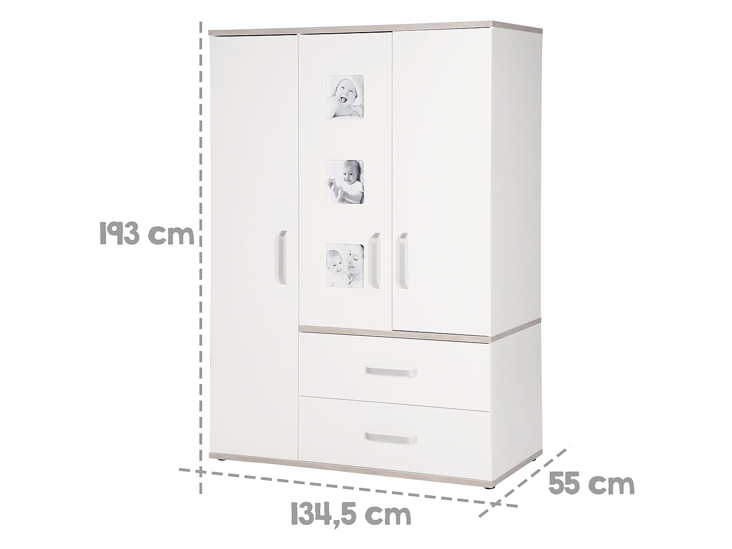 Armario de 3 puertas Roba Moritz en decoración blanca con elementos de Luna Elm - Tecnología Softclose y Marcos de Fotos Integrados