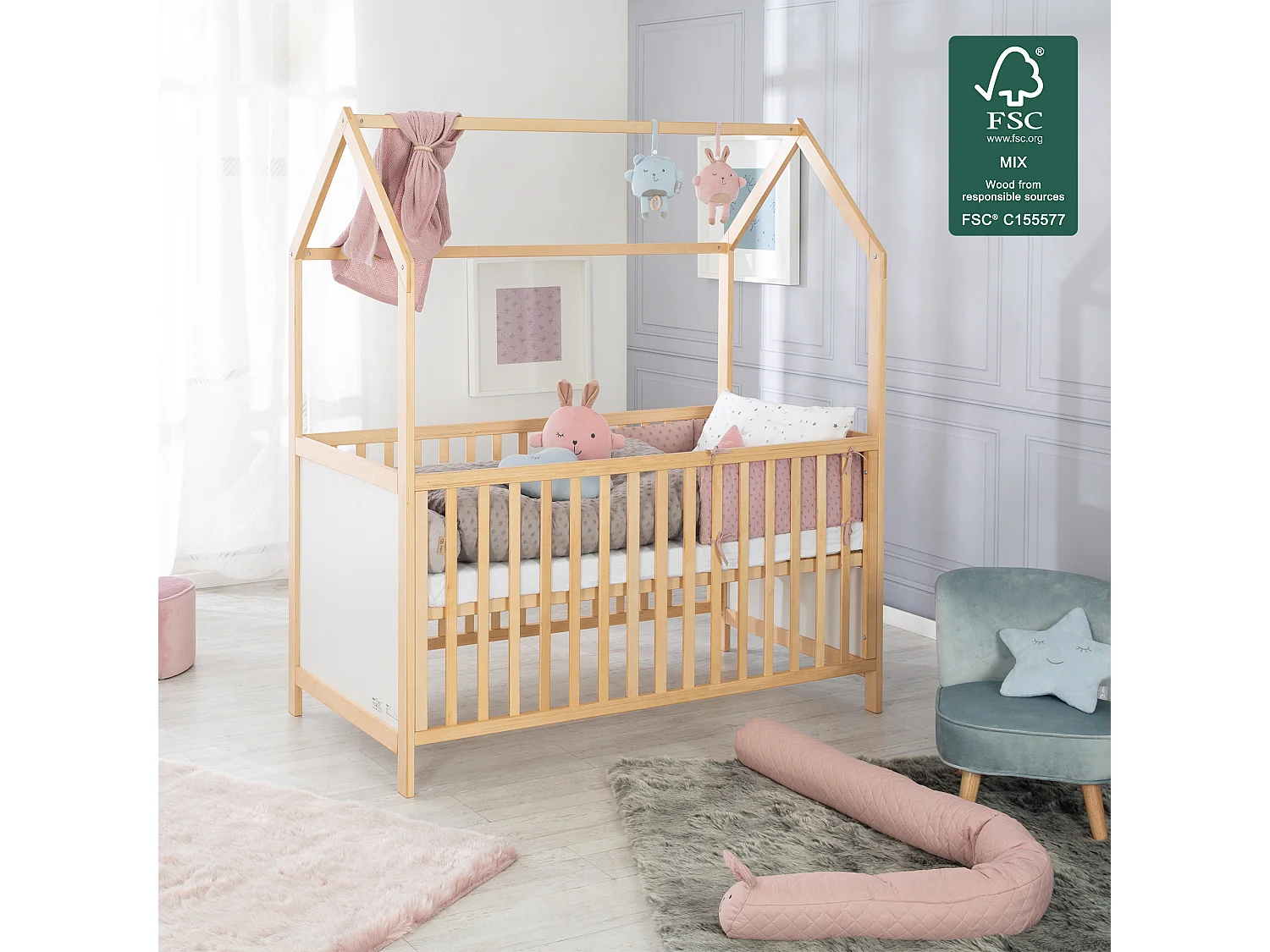 Lit Enfant Convertible Roba Bicolore 70 x 140 cm à 3 Hauteurs Réglables avec Base à Lattes