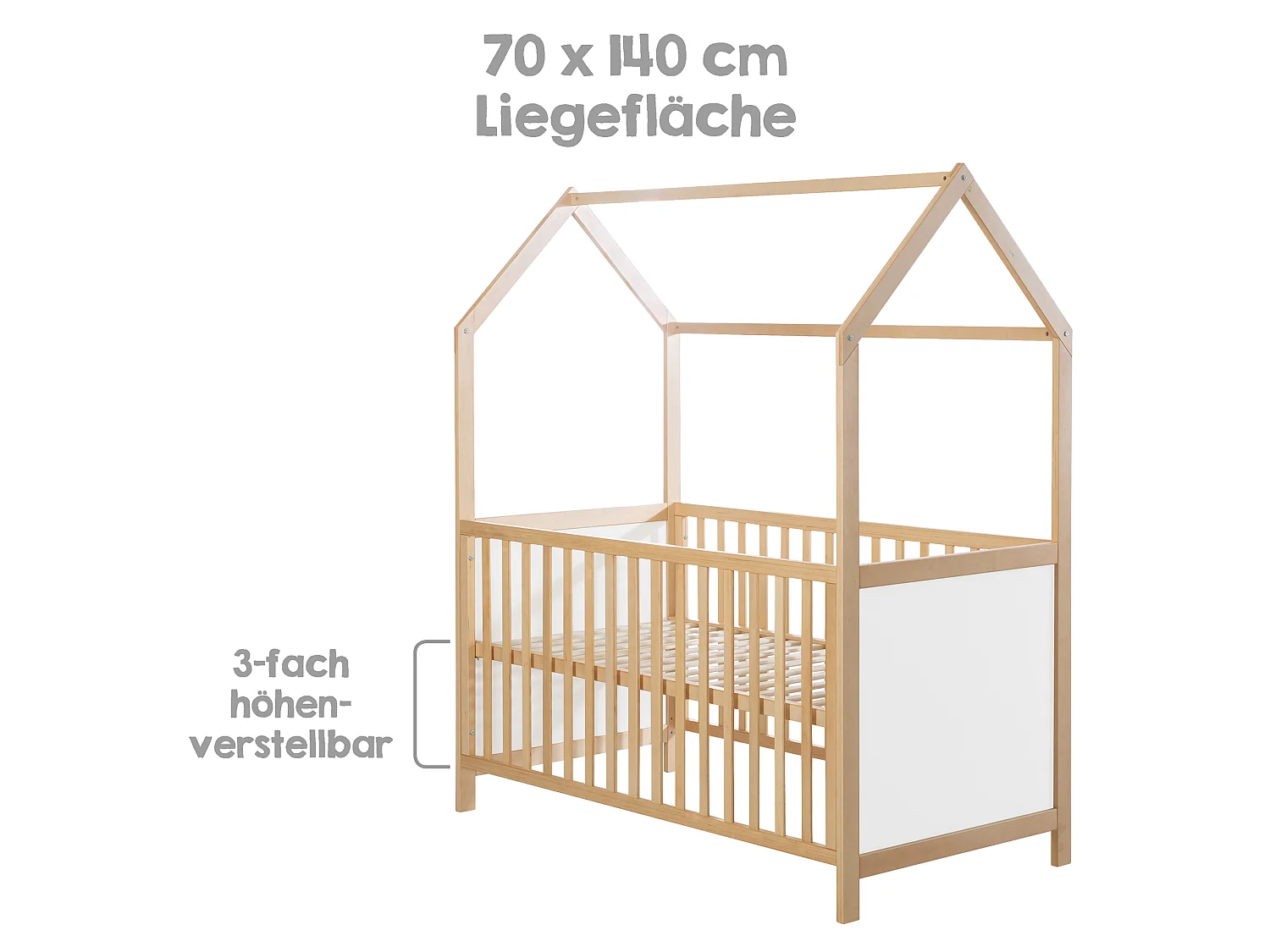 Lit Enfant Convertible Roba Bicolore 70 x 140 cm à 3 Hauteurs Réglables avec Base à Lattes