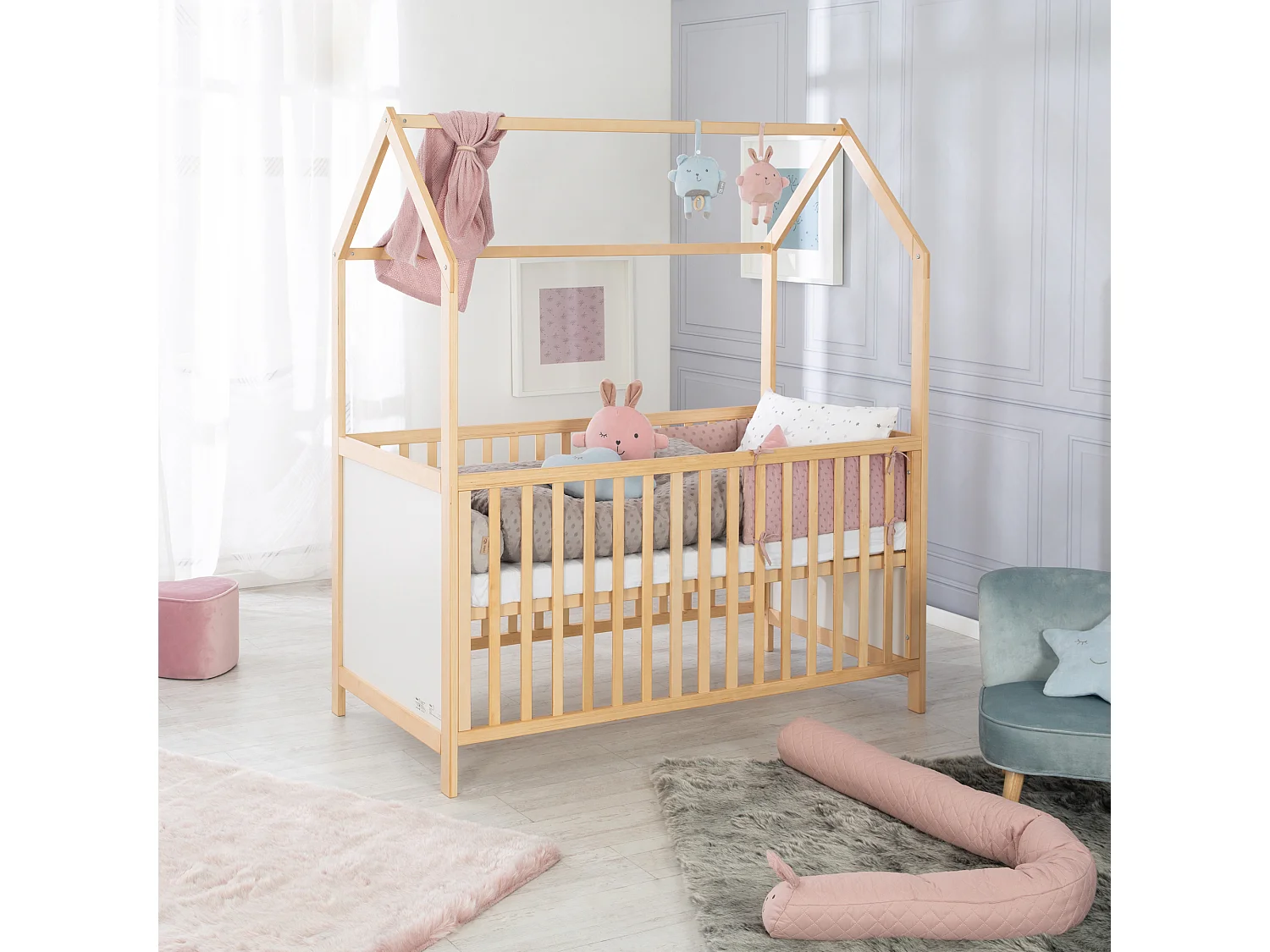 Lit Enfant Convertible Roba Bicolore 70 x 140 cm à 3 Hauteurs Réglables avec Base à Lattes