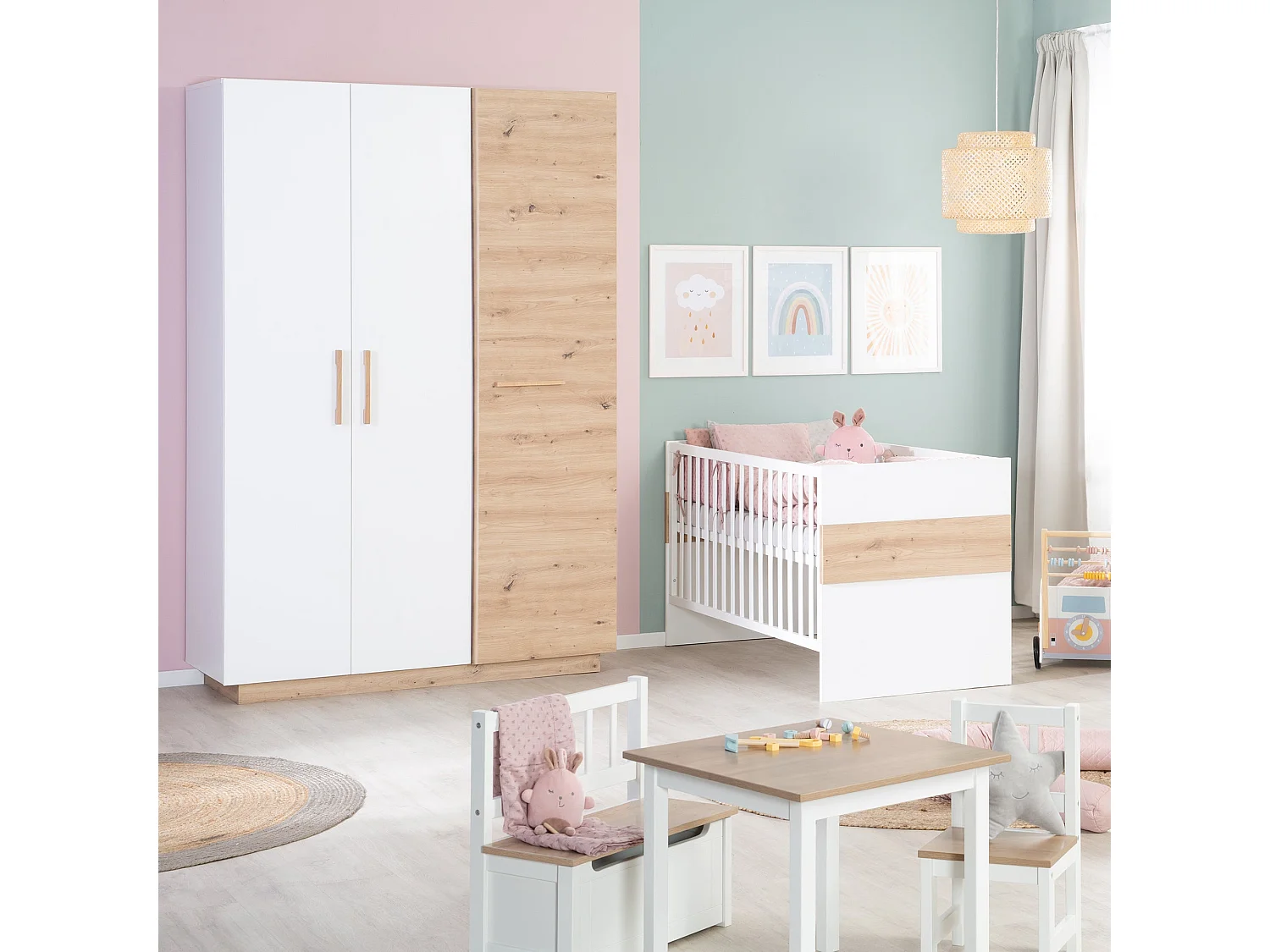 Armario blanco moderno de 3 puertas Lion con acentos de roble artesanal para habitación de bebé o niños