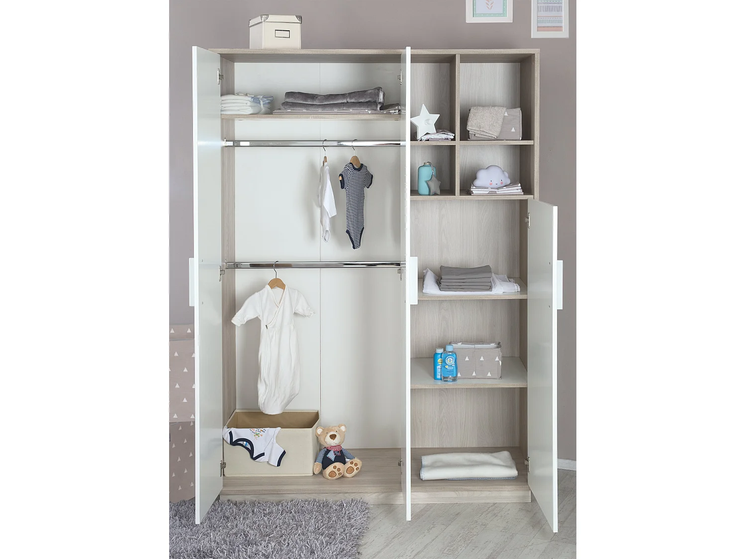 Armario de 3 puertas Roba Olaf Luna Elm/Blanco - Estilo atemporal para niños