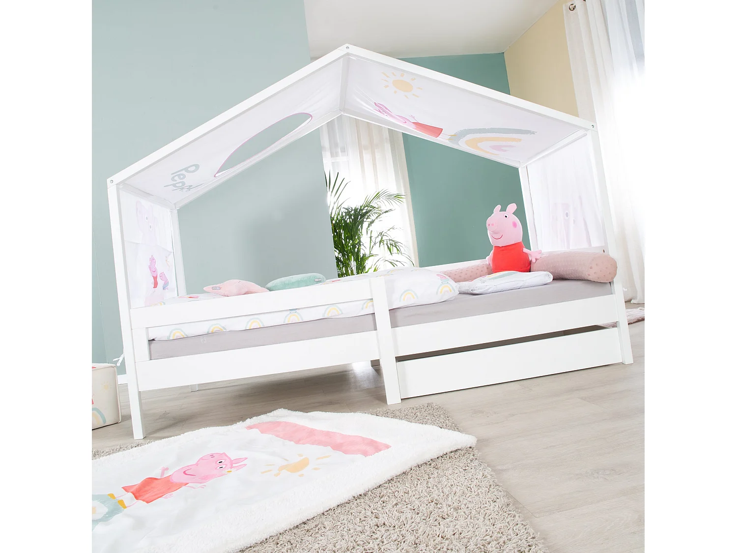 Lit Roba House 90x200 cm avec Barrière de Sécurité et Tiroirs de Rangement - Blanc