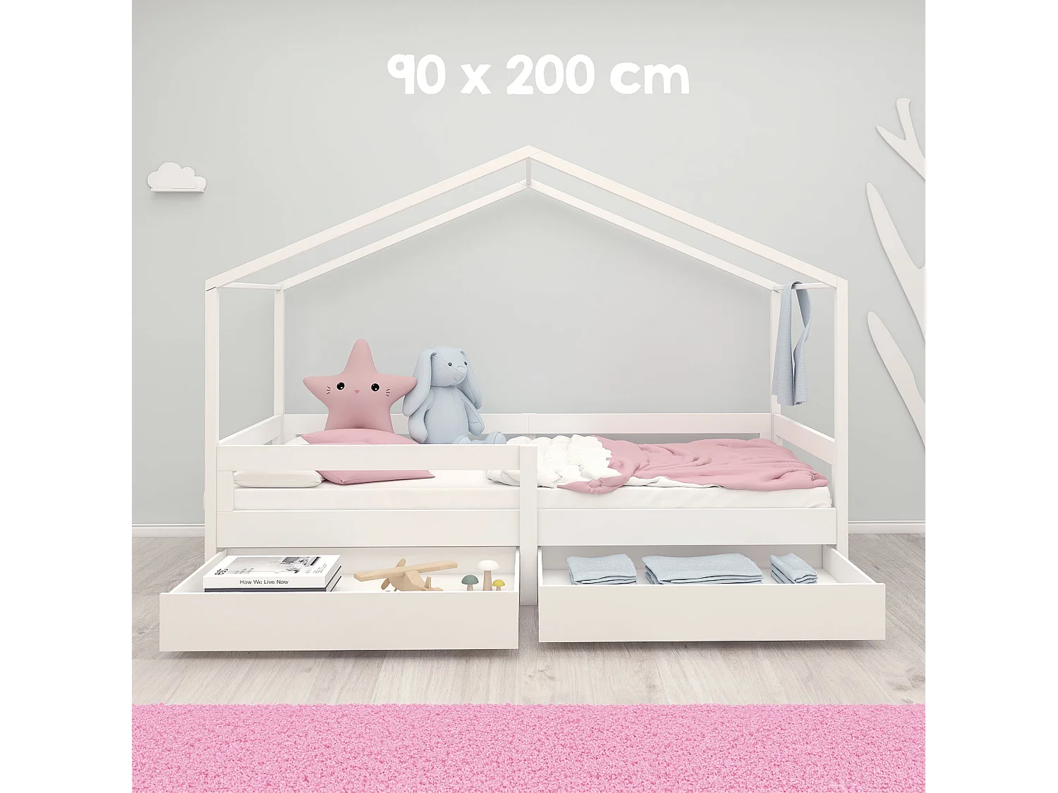 Lit Roba House 90x200 cm avec Barrière de Sécurité et Tiroirs de Rangement - Blanc
