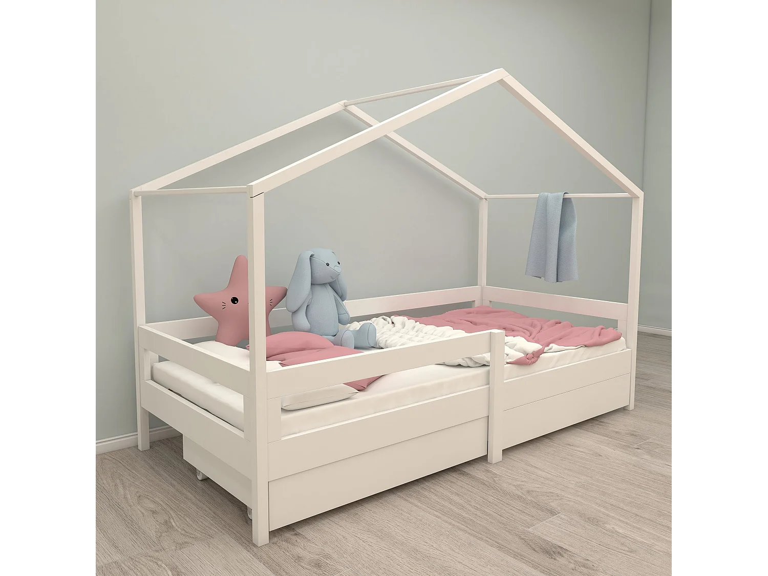 Lit Roba House 90x200 cm avec Barrière de Sécurité et Tiroirs de Rangement - Blanc