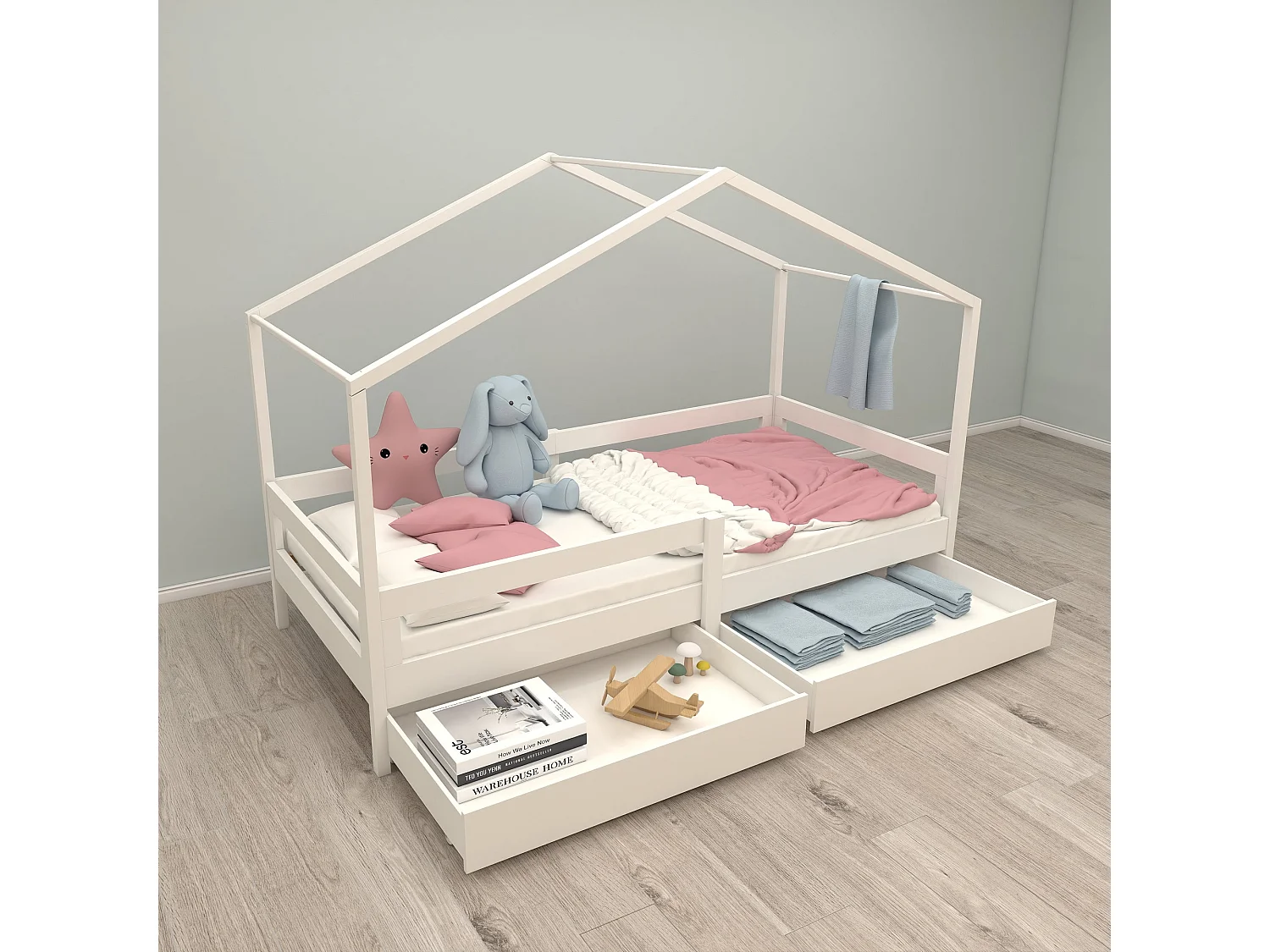 Lit Roba House 90x200 cm avec Barrière de Sécurité et Tiroirs de Rangement - Blanc