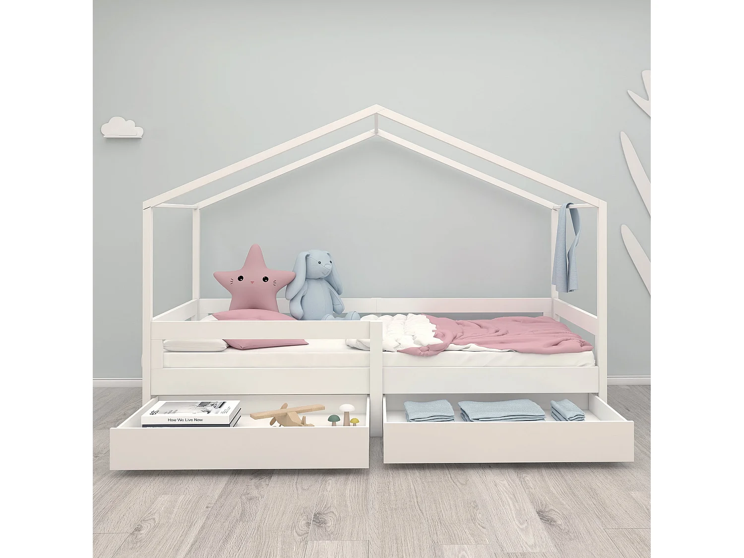 Lit Roba House 90x200 cm avec Barrière de Sécurité et Tiroirs de Rangement - Blanc