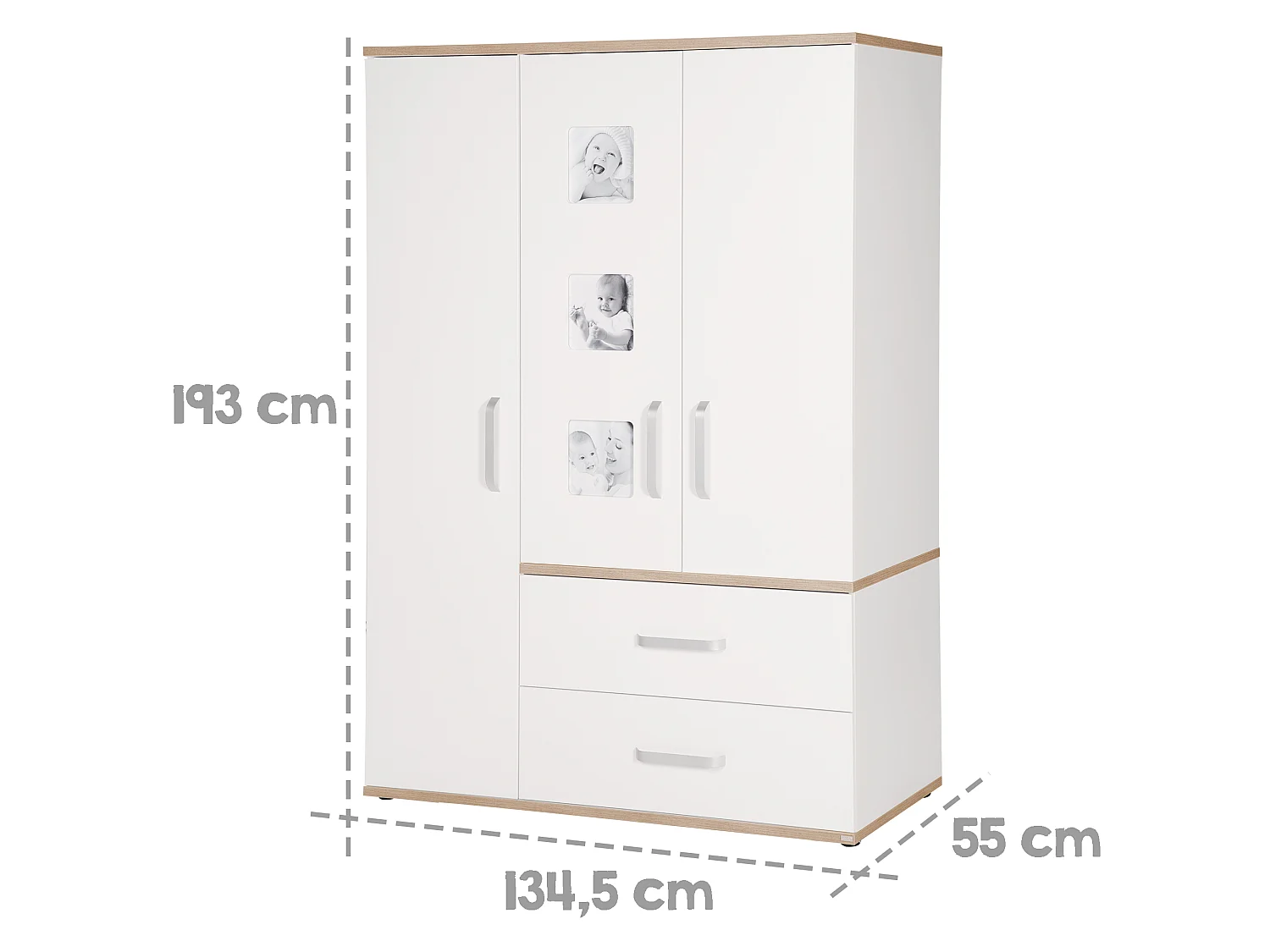Armario infantil de 3 puertas Roba Pia con Softclose y Marcos de Fotos Integrados en 'Sanremo Eiche Sand'