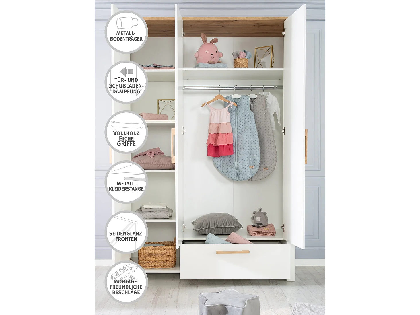 Roba Armario Infantil de 3 Puertas Ava Blanco con Decoración de Roble Artesanal