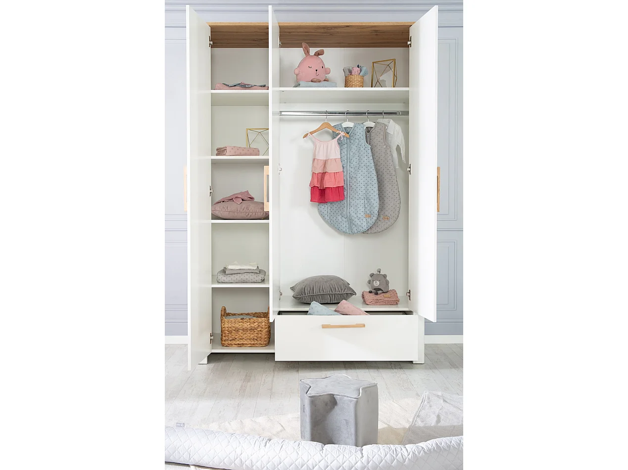 Roba Armario Infantil de 3 Puertas Ava Blanco con Decoración de Roble Artesanal
