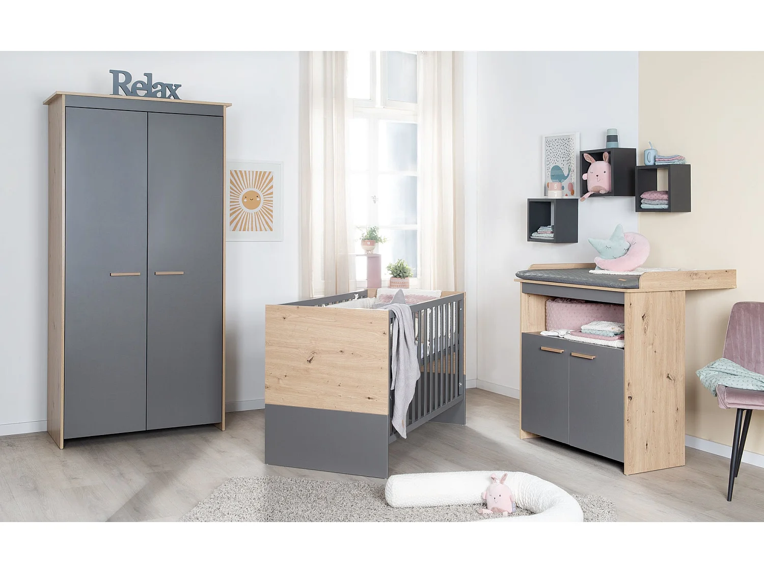 Armoire pour enfants à 2 portes "Anna" moderne en finition chêne Kent et gris anthracite
