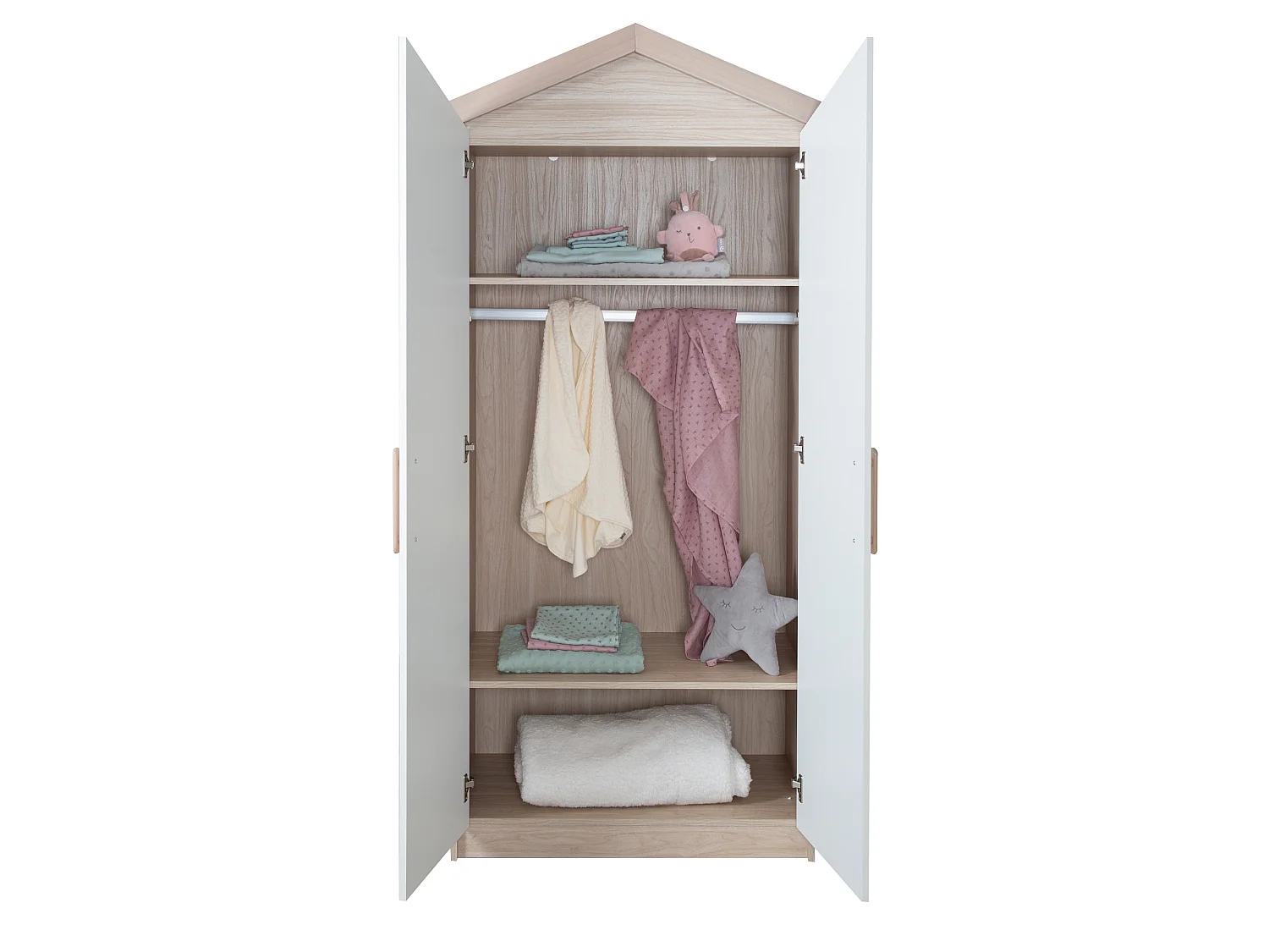 Armario infantil de 2 puertas Roba Cabane con diseño de casa, decoración de roble, mecanismo de cierre suave