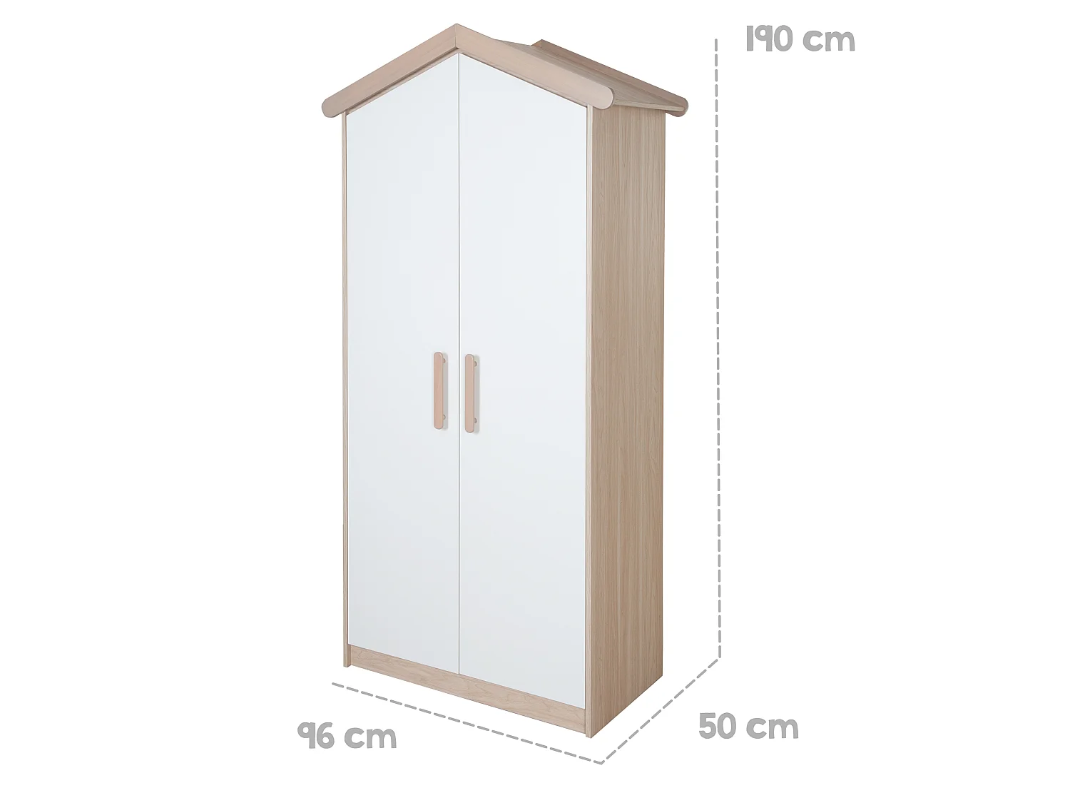 Armario infantil de 2 puertas Roba Cabane con diseño de casa, decoración de roble, mecanismo de cierre suave