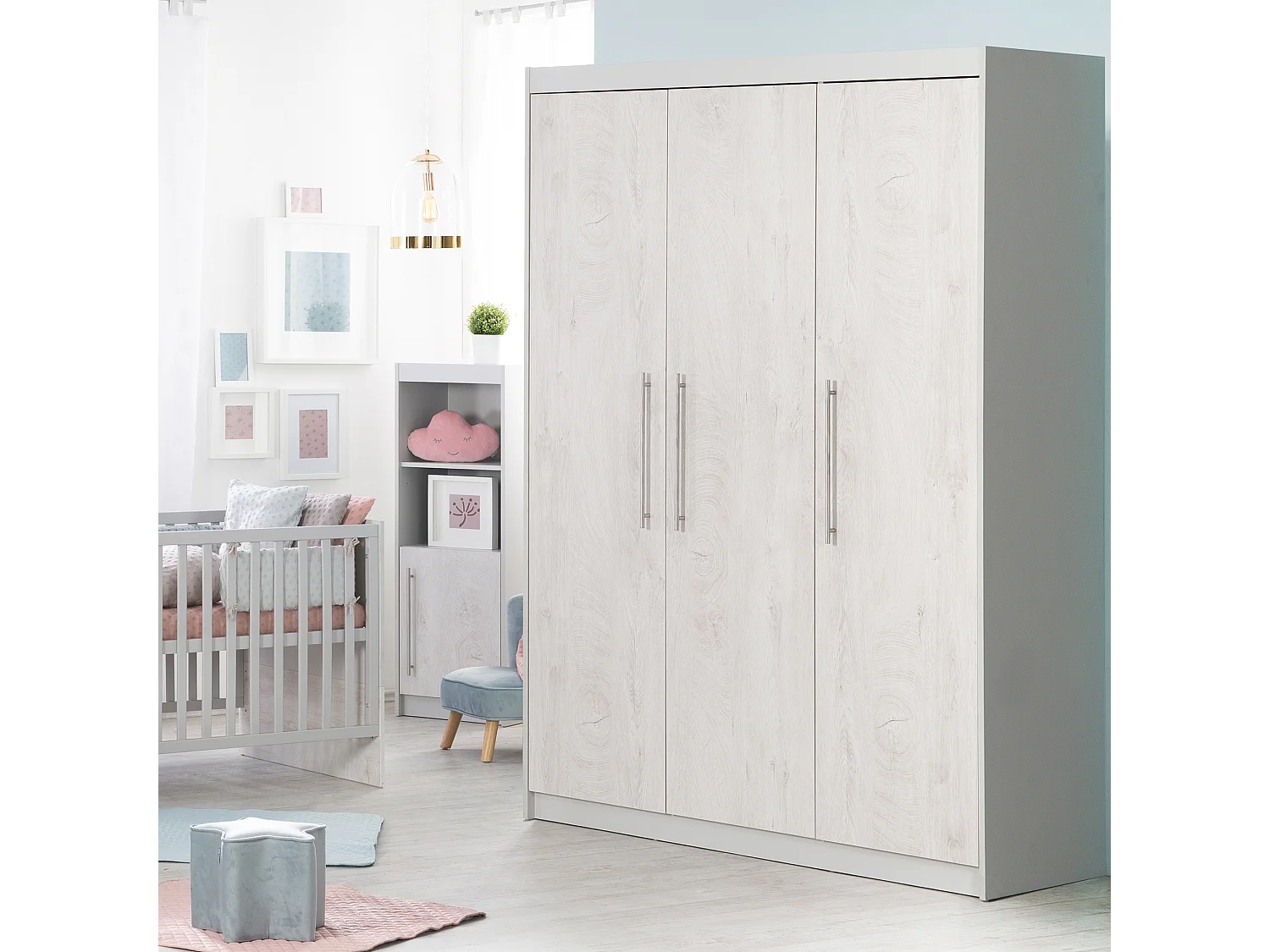 Armoire Roba Maren 2 à 3 portes avec fermeture douce, chêne blanc et gris clair, de l'enfant à l'adulte