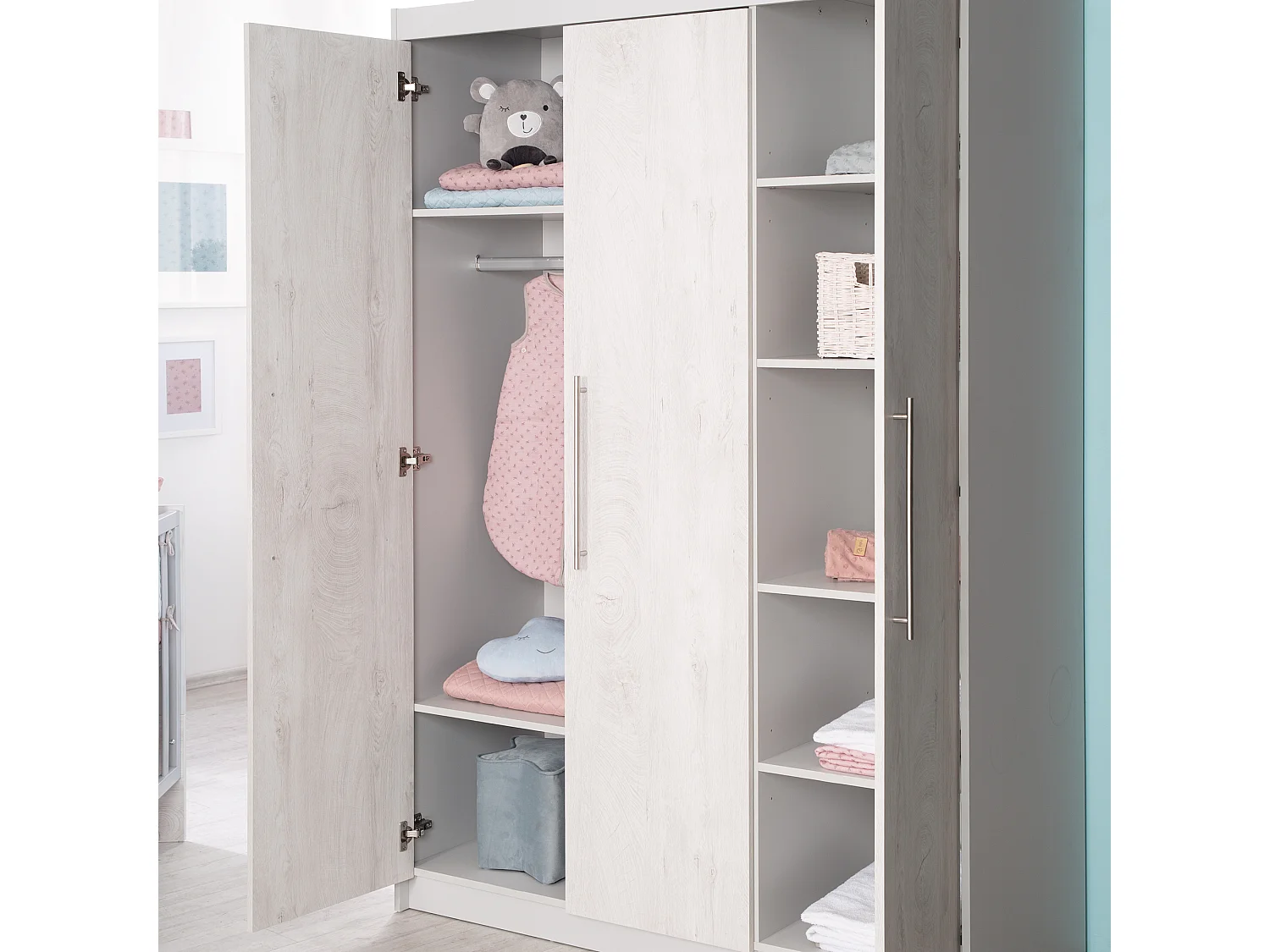 Armoire Roba Maren 2 à 3 portes avec fermeture douce, chêne blanc et gris clair, de l'enfant à l'adulte
