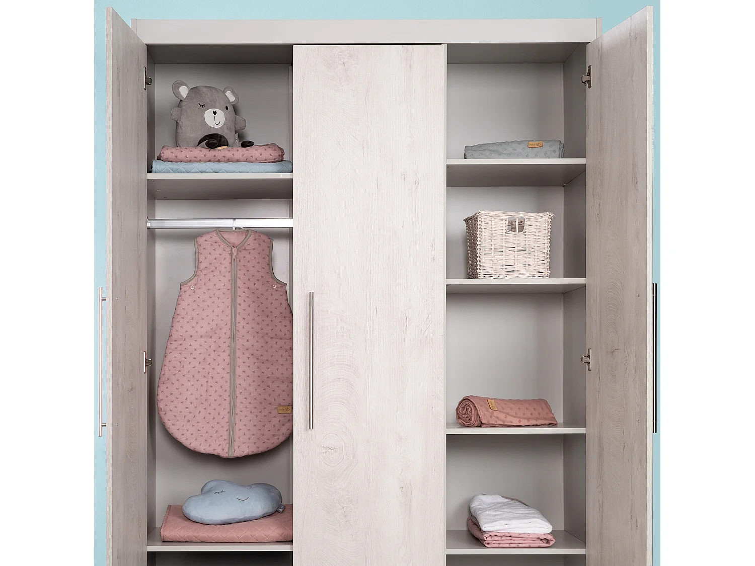 Armoire Roba Maren 2 à 3 portes avec fermeture douce, chêne blanc et gris clair, de l'enfant à l'adulte