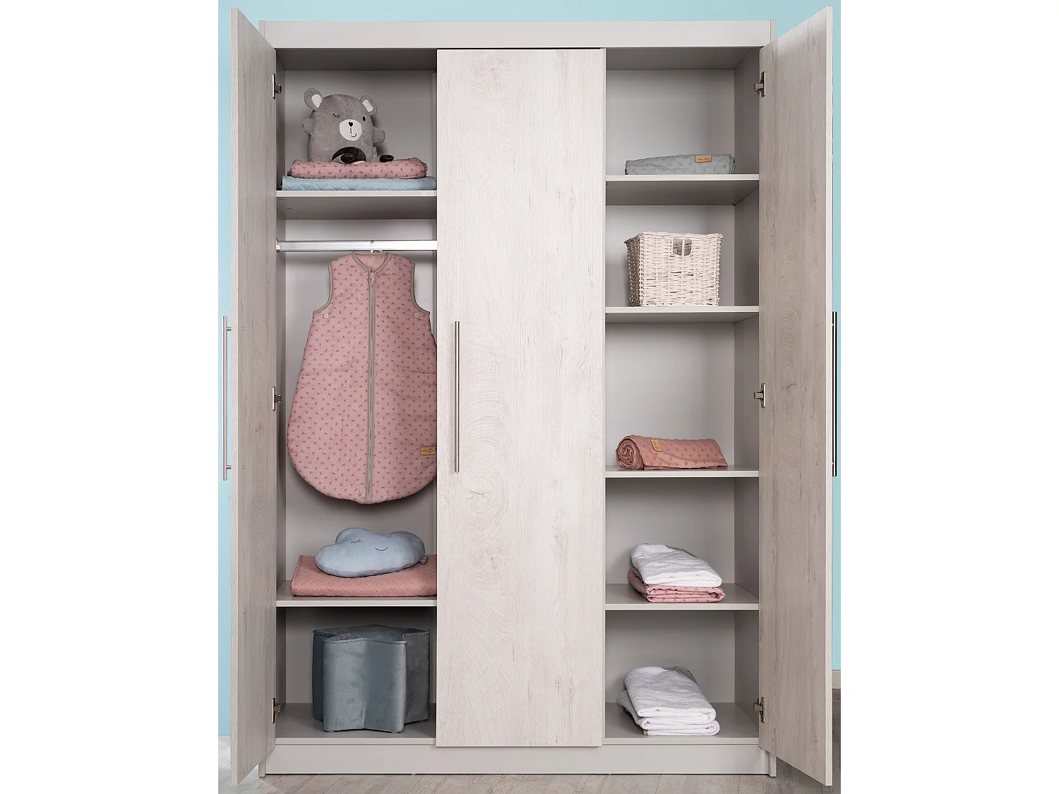 Armoire Roba Maren 2 à 3 portes avec fermeture douce, chêne blanc et gris clair, de l'enfant à l'adulte