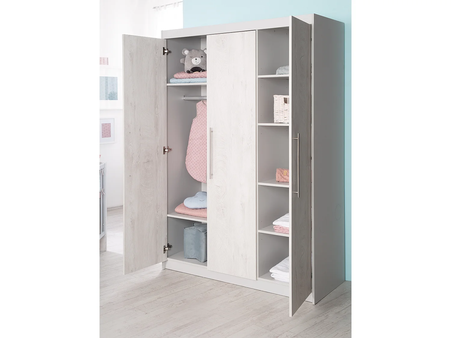Armoire Roba Maren 2 à 3 portes avec fermeture douce, chêne blanc et gris clair, de l'enfant à l'adulte