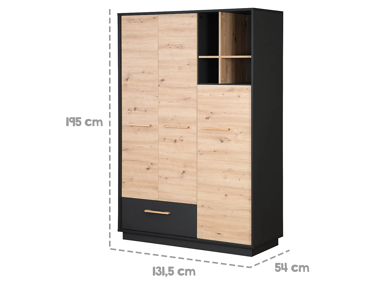 Armoire bébé et enfant à 3 portes Roba Lenn en anthracite avec portes en chêne Artisan