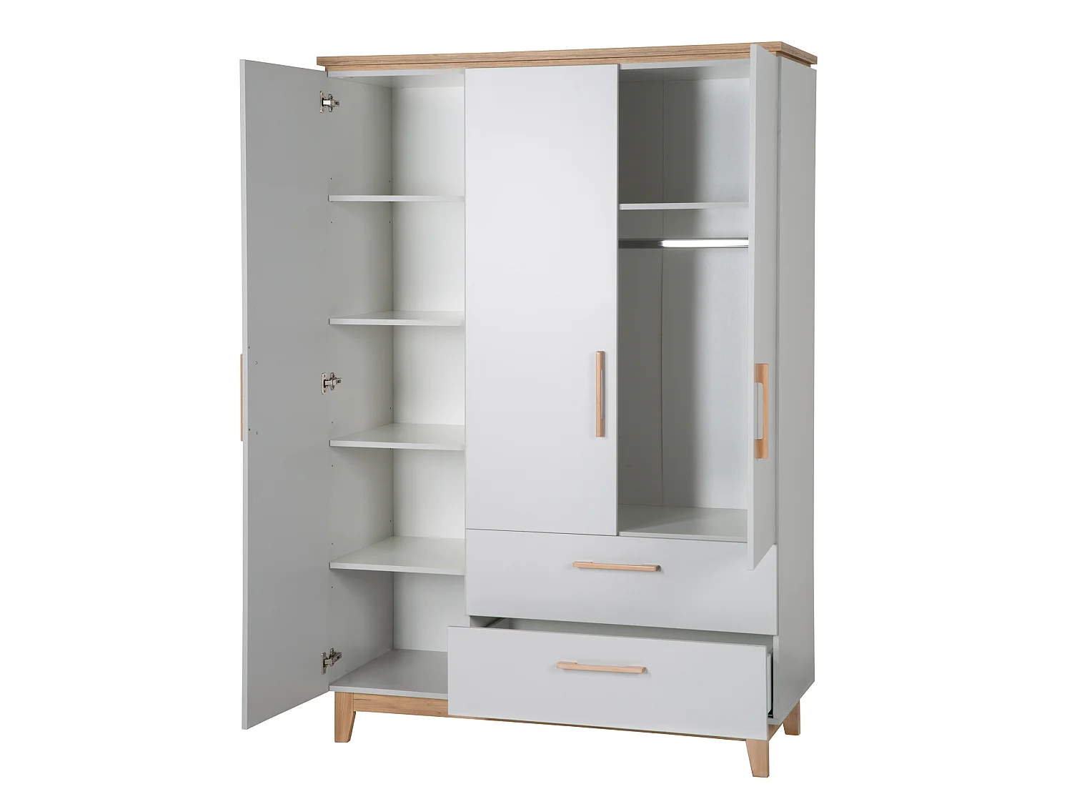 Armoire enfant 3 portes Roba Caro avec technologie de fermeture douce, Gris/Chêne Doré, 200x134.5x55 cm