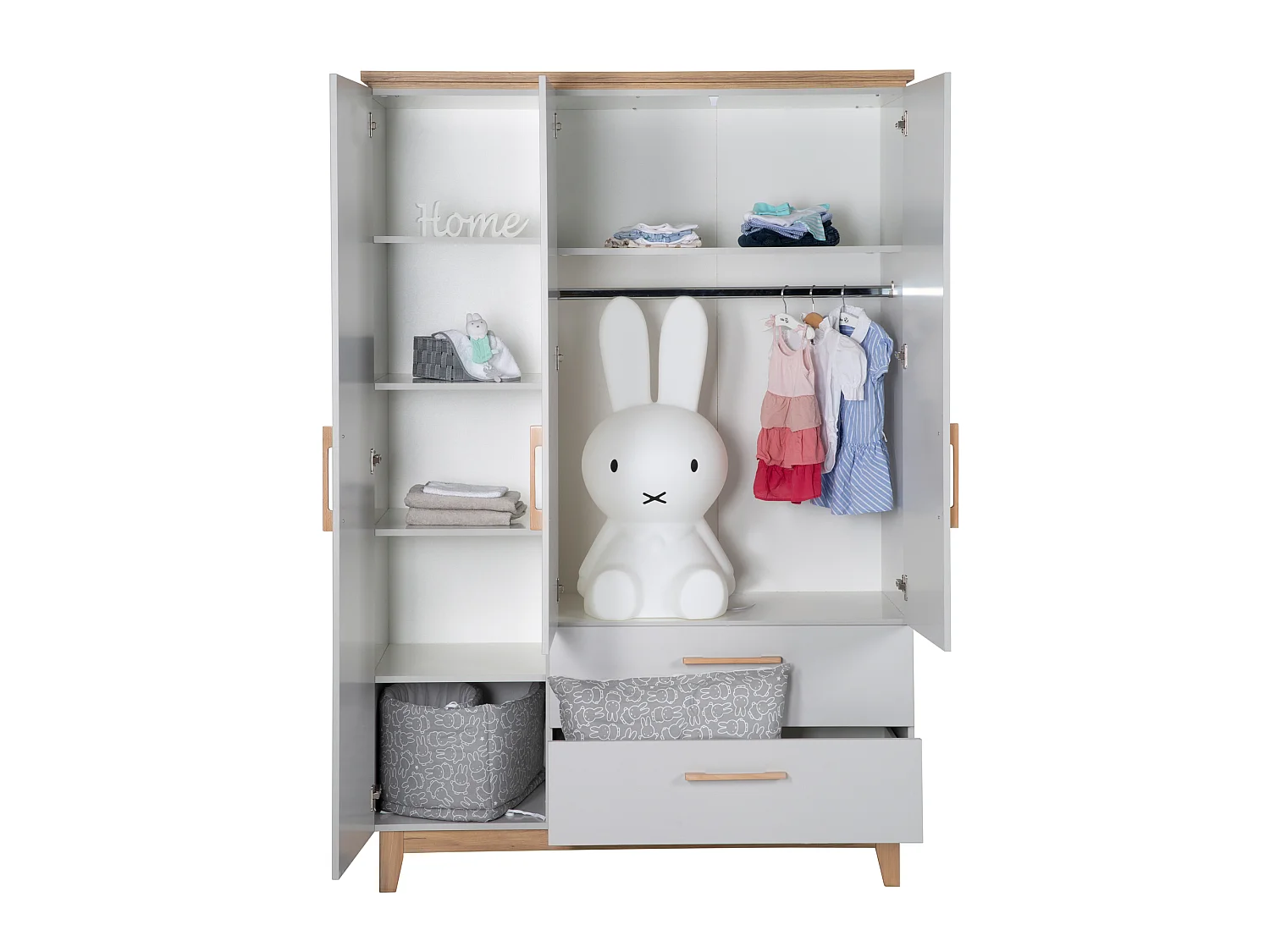 Armoire enfant 3 portes Roba Caro avec technologie de fermeture douce, Gris/Chêne Doré, 200x134.5x55 cm