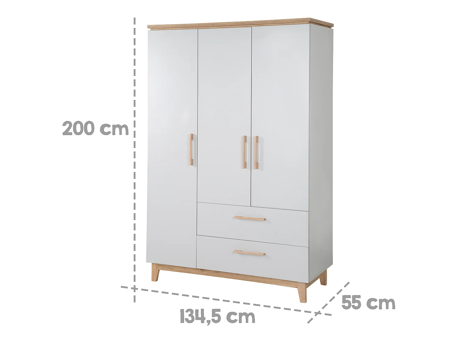Armoire enfant 3 portes Roba Caro avec technologie de fermeture douce, Gris/Chêne Doré, 200x134.5x55 cm