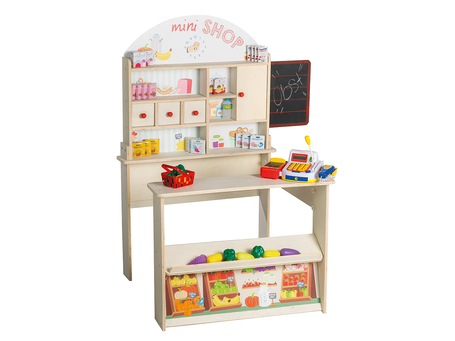 Étal de marché en bois Roba avec tableau noir pour des jeux de rôle créatifs
