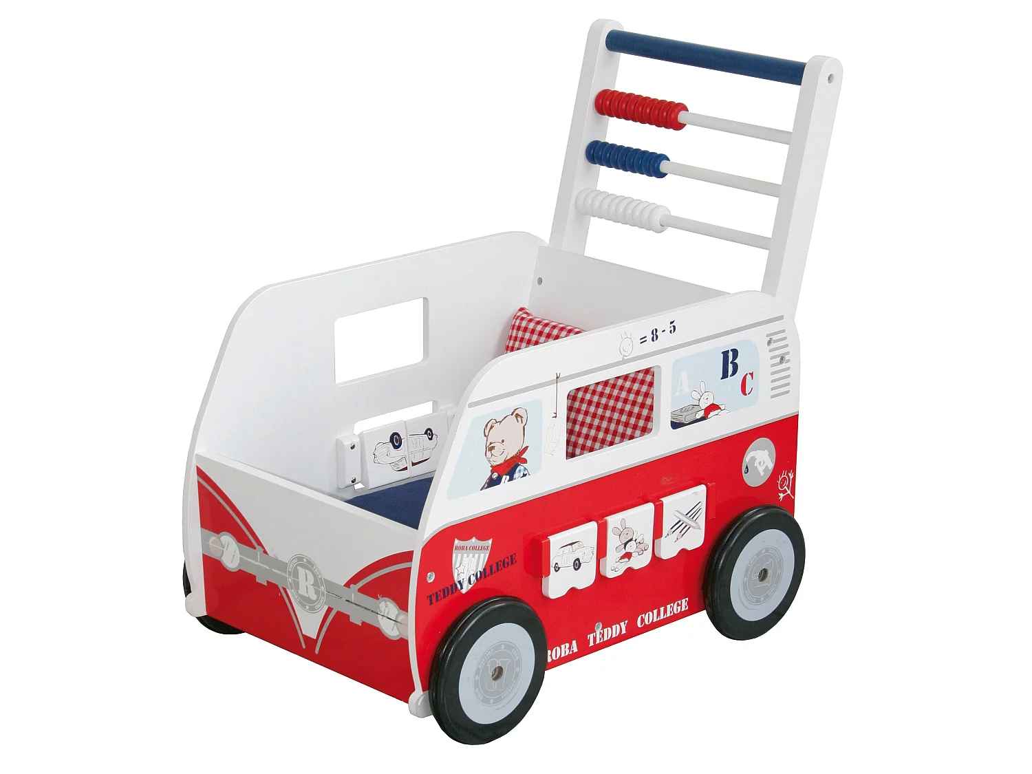 Roba Teddy College Bus à Tirer avec Ours en Peluche, Coussin et Couverture