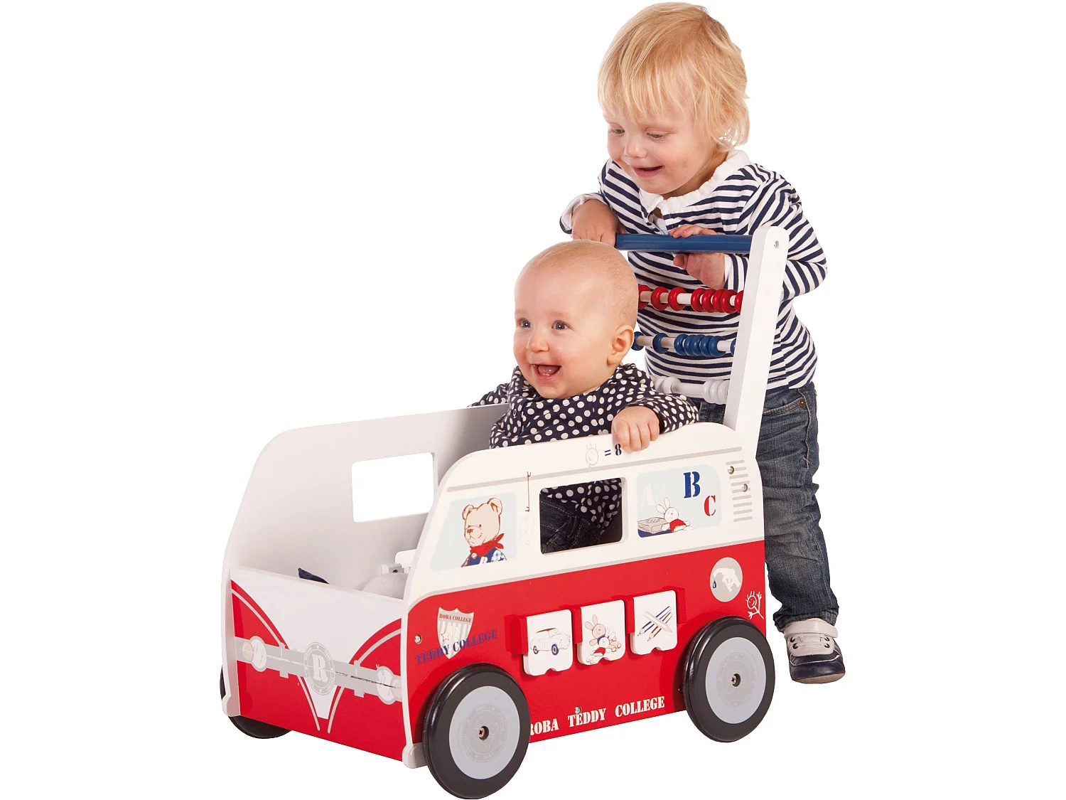Roba Teddy College Bus à Tirer avec Ours en Peluche, Coussin et Couverture