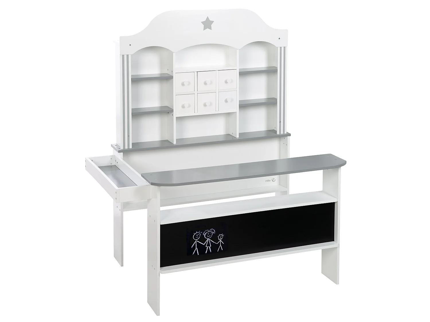 Grande Boutique de Jouets en Bois Blanc et Gris avec 6 Tiroirs et Étagères pour Jeu de Rôle des Enfants