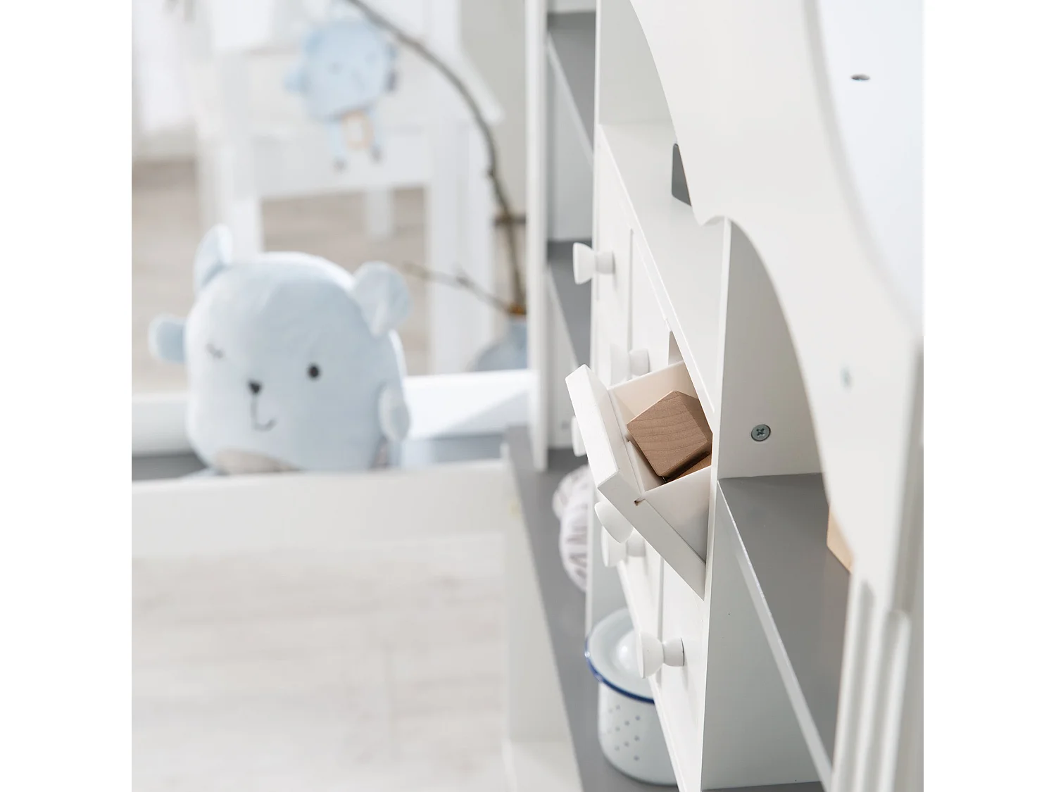 Grande Boutique de Jouets en Bois Blanc et Gris avec 6 Tiroirs et Étagères pour Jeu de Rôle des Enfants