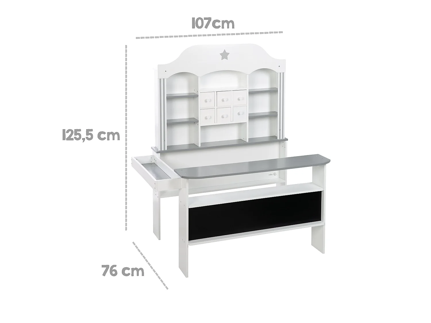 Grande Boutique de Jouets en Bois Blanc et Gris avec 6 Tiroirs et Étagères pour Jeu de Rôle des Enfants