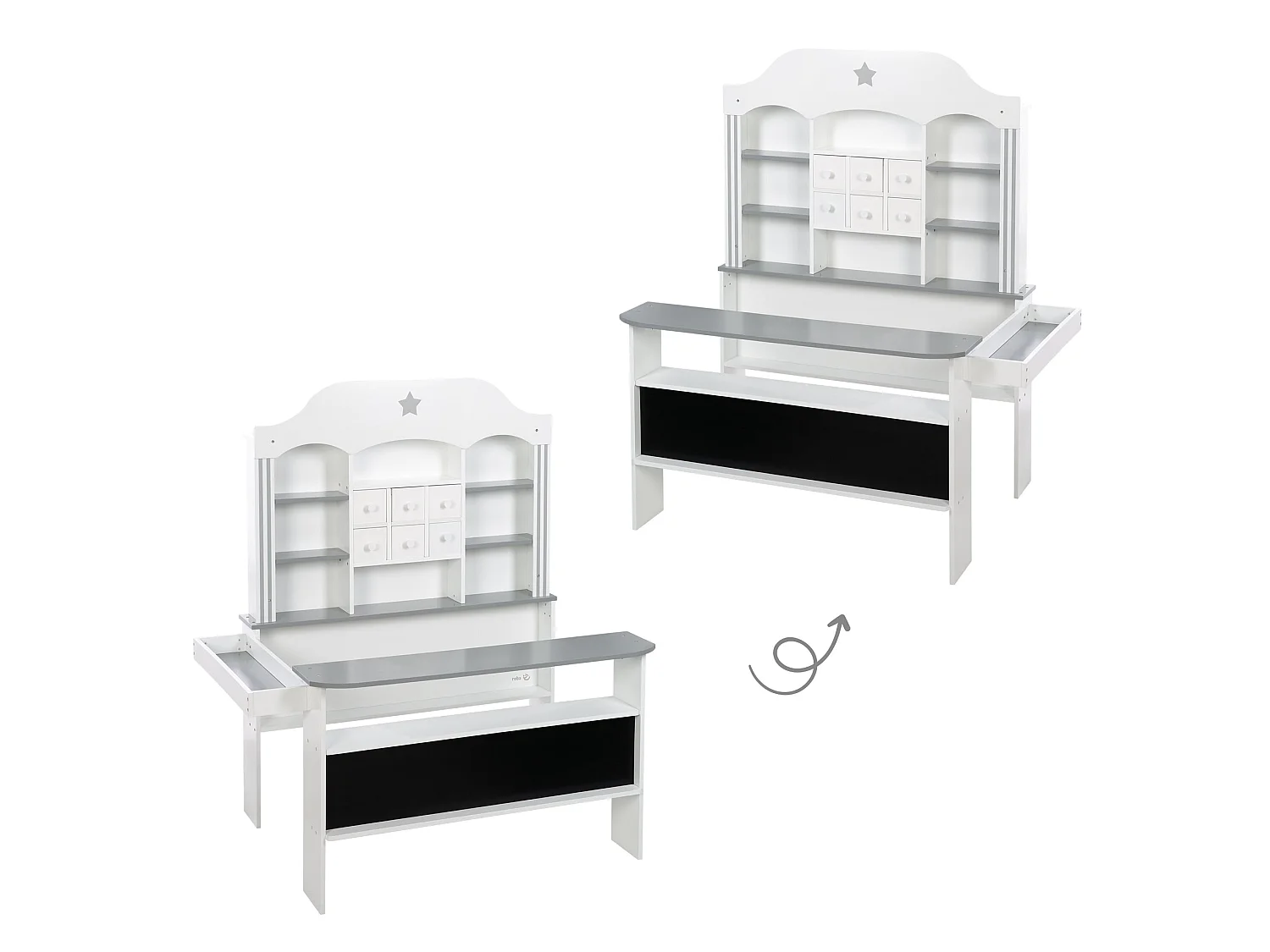 Grande Boutique de Jouets en Bois Blanc et Gris avec 6 Tiroirs et Étagères pour Jeu de Rôle des Enfants