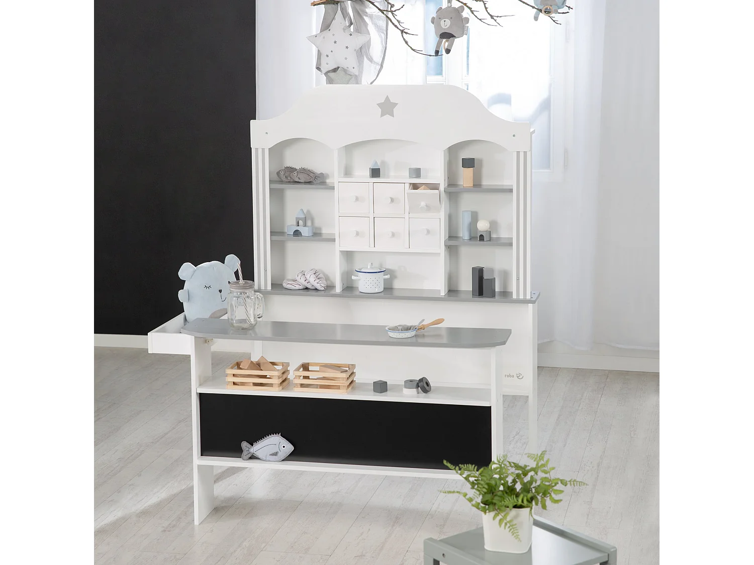 Grande Boutique de Jouets en Bois Blanc et Gris avec 6 Tiroirs et Étagères pour Jeu de Rôle des Enfants
