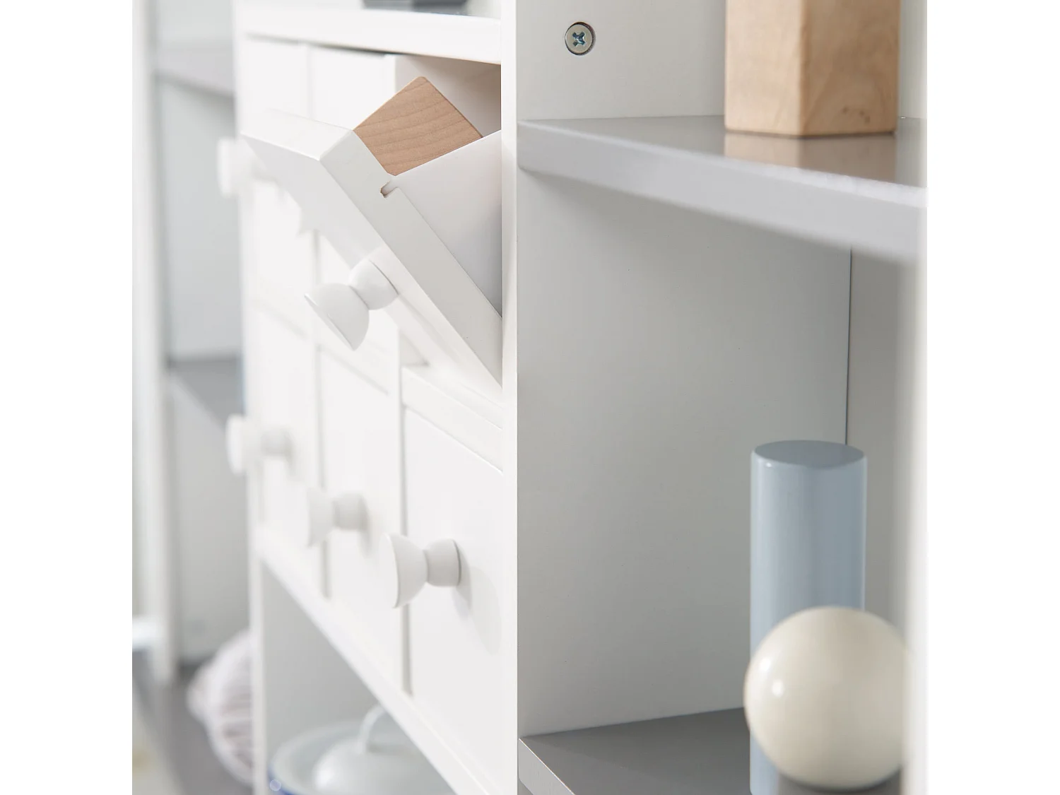 Grande Boutique de Jouets en Bois Blanc et Gris avec 6 Tiroirs et Étagères pour Jeu de Rôle des Enfants