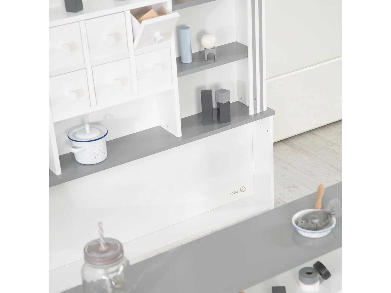 Grande Boutique de Jouets en Bois Blanc et Gris avec 6 Tiroirs et Étagères pour Jeu de Rôle des Enfants