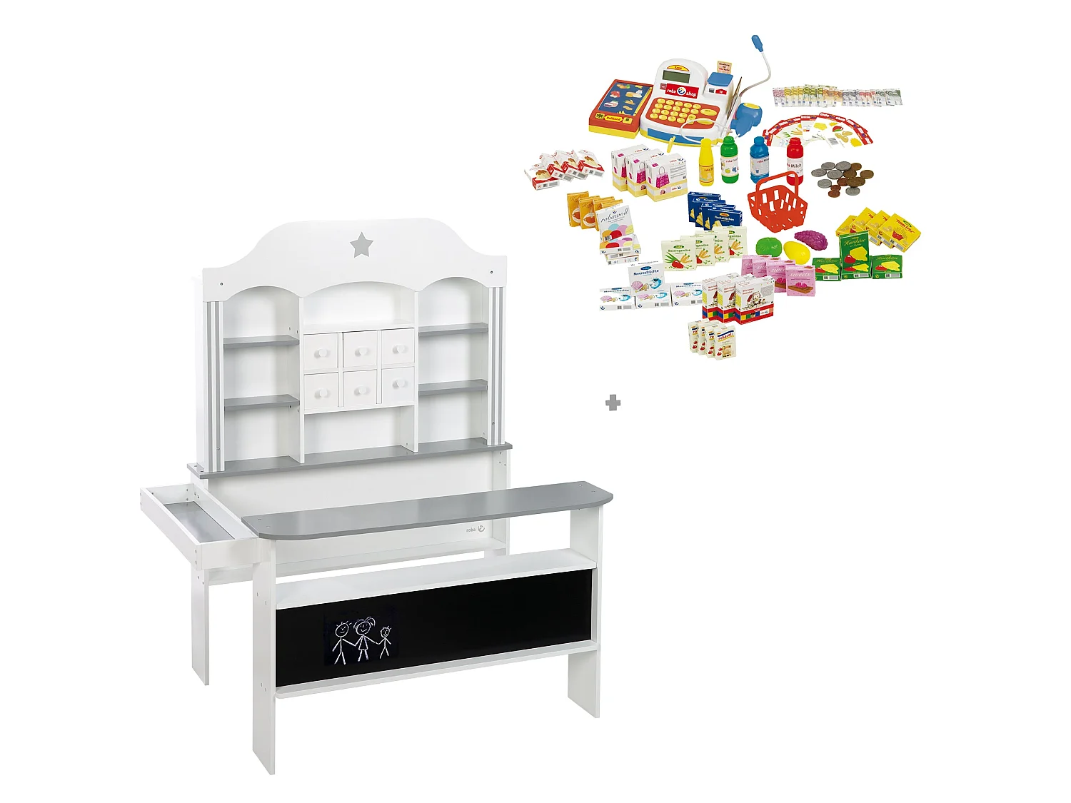 Grande Boutique de Jouets en Bois Blanc et Gris avec 6 Tiroirs et Étagères pour Jeu de Rôle des Enfants