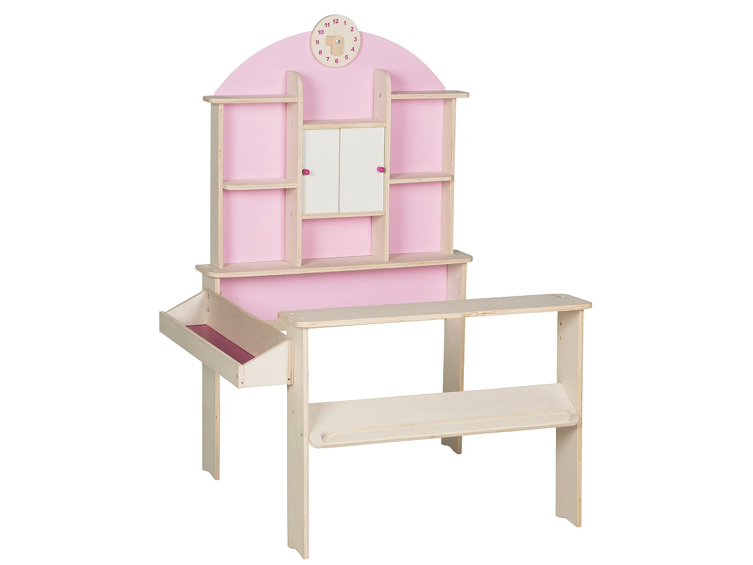 Stand de magasin de jouets en bois Roba avec finition rose et ensemble d'accessoires