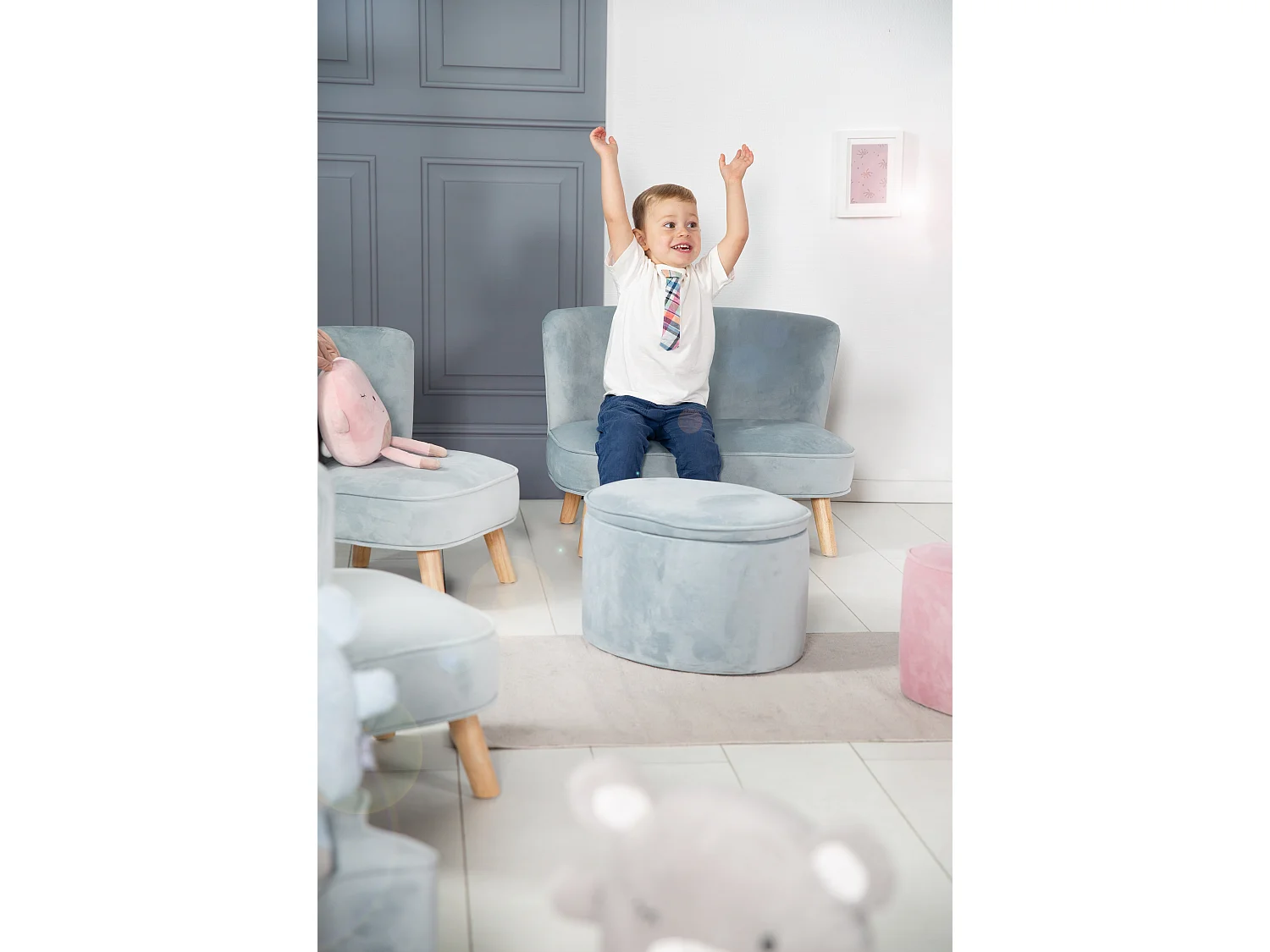 Canapé pour enfants avec pieds en bois Moderne 2 places Mini canapé pour garçons et filles en gris, rose ou bleu clair