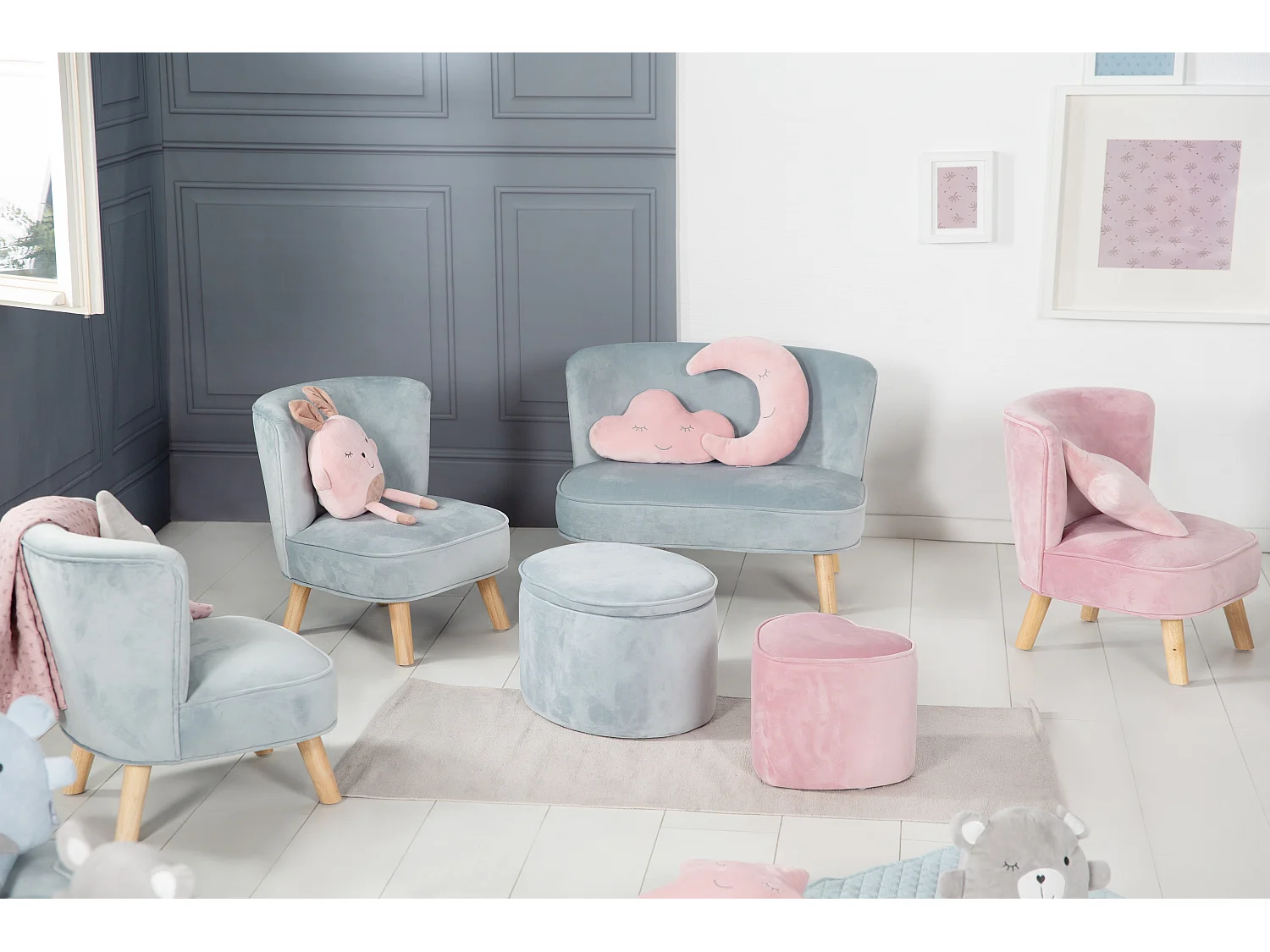 Canapé pour enfants avec pieds en bois Moderne 2 places Mini canapé pour garçons et filles en gris, rose ou bleu clair