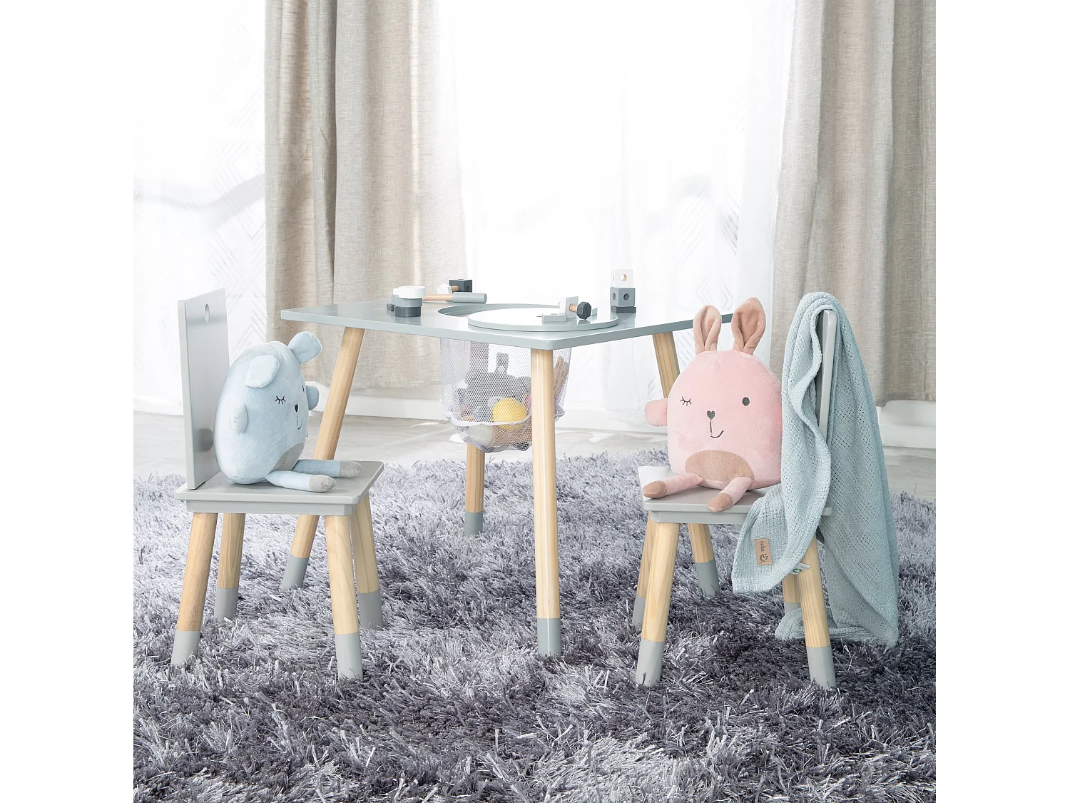 Juego de mesa y sillas para niños Roba de 3 piezas con red de almacenamiento - Diseño rectangular gris