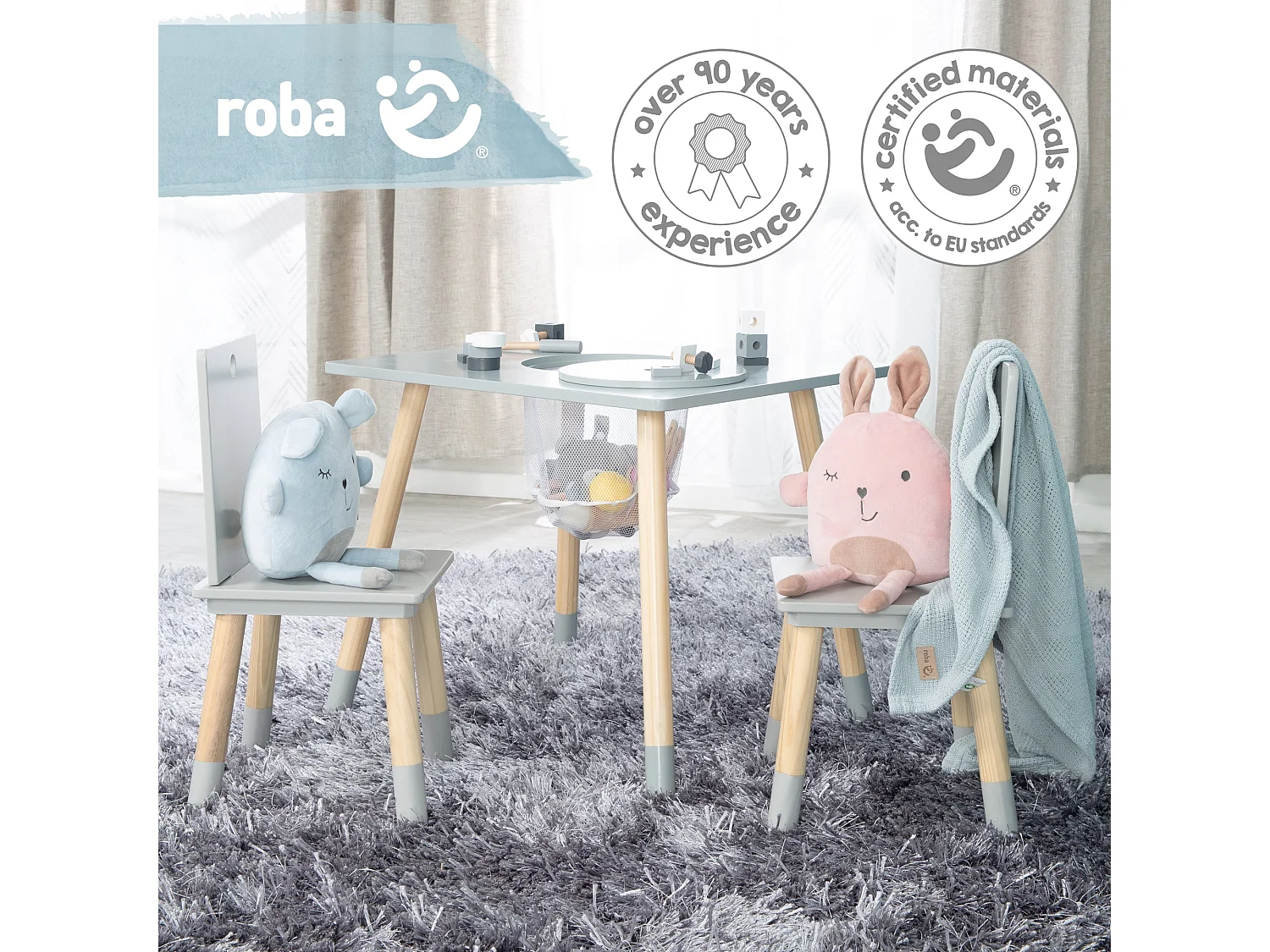 Juego de mesa y sillas para niños Roba de 3 piezas con red de almacenamiento - Diseño rectangular gris