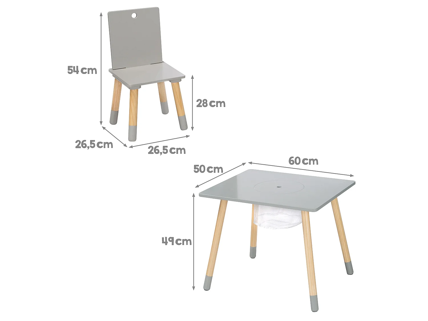 Juego de mesa y sillas para niños Roba de 3 piezas con red de almacenamiento - Diseño rectangular gris